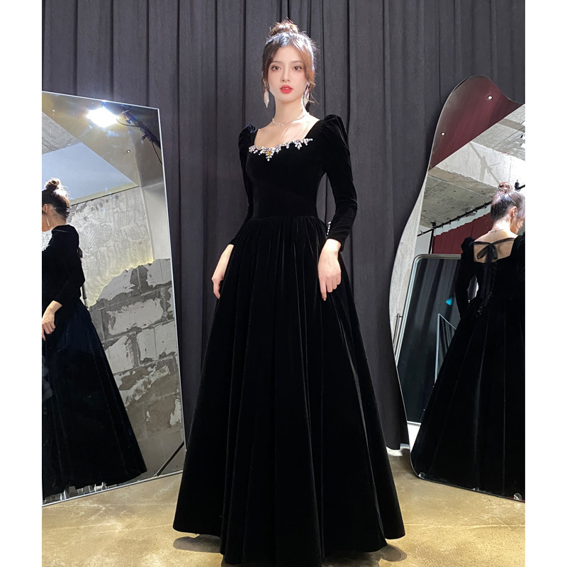 黑色晚礼服裙女气质名媛轻奢小众高端主持年会长袖高级感丝绒长款_虎窝淘