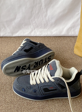 韩版复古深蓝色面包鞋男ins潮2025冬季新款情侣百搭运动休闲板鞋