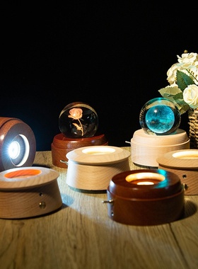 简约实木旋转八音盒实木底座八音盒水晶球发光底座家居工艺品摆件