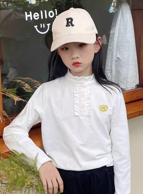 女童白色打底衫儿童长袖t恤纯棉花边洋气中高领T春秋装新时髦上衣
