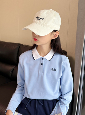 儿童长袖POLO衫女童翻领长袖t恤2025秋装新款女童花边领纯棉上衣