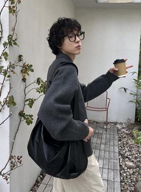 NIN原创日系街头单肩斜挎大容量复古ins宽带托特包男女皮质通勤包