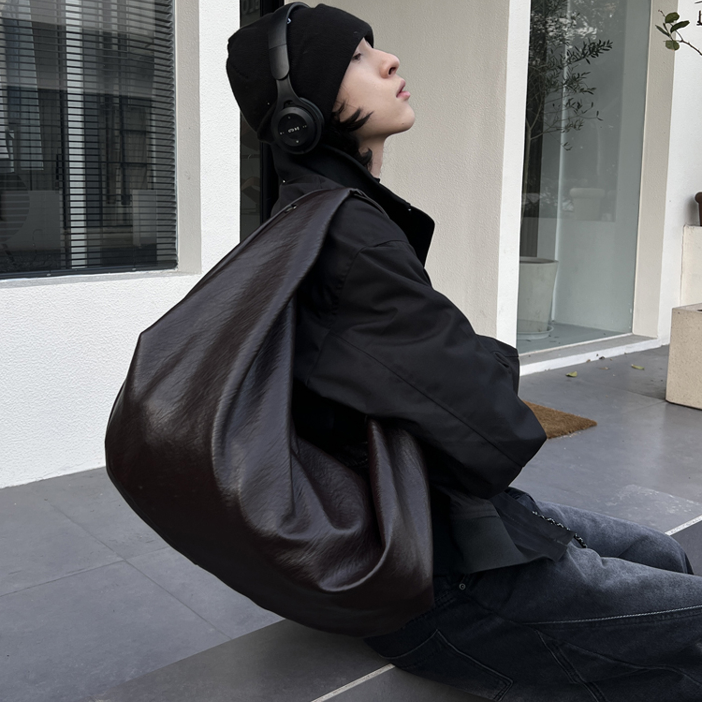 NIN小众ins风慵懒手提复古单肩腋下pu托特包男女大容量潮街头个性