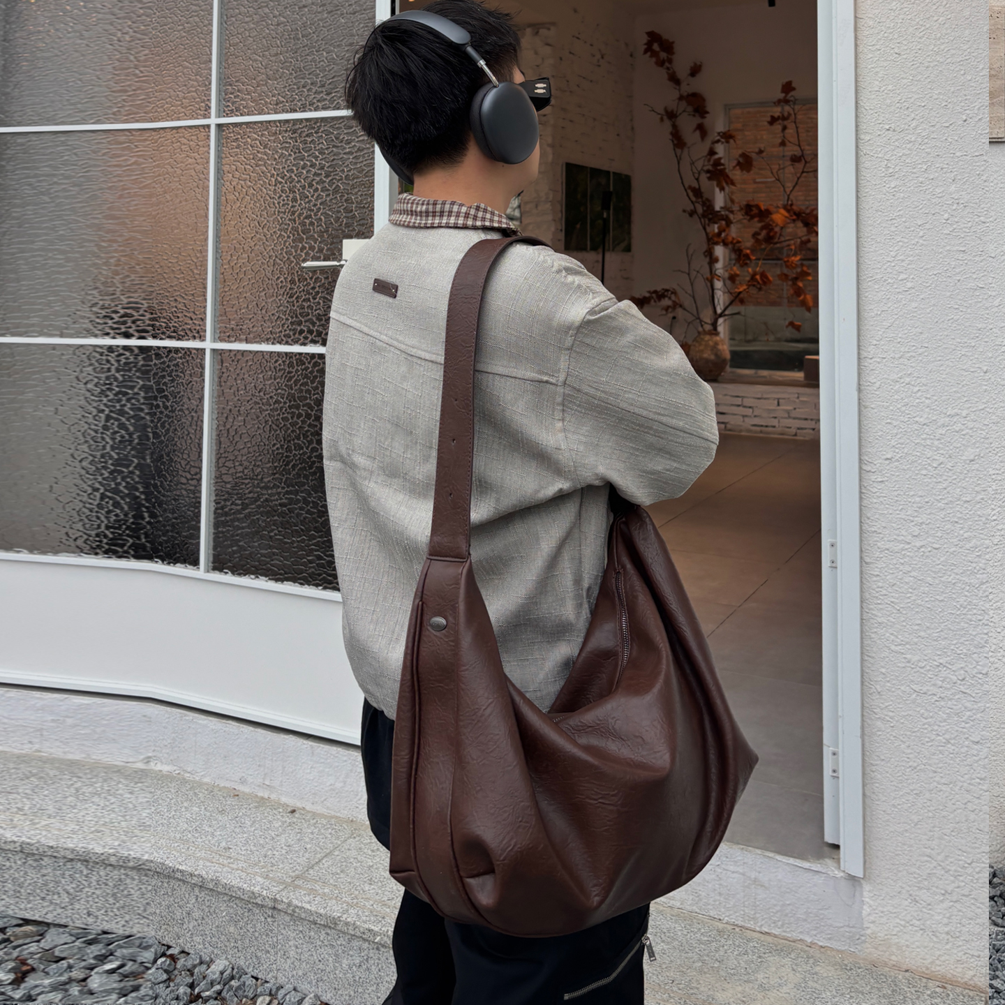 NIN原创单肩斜挎大容量男女pu皮质hobo托特包日系街头男女复古潮