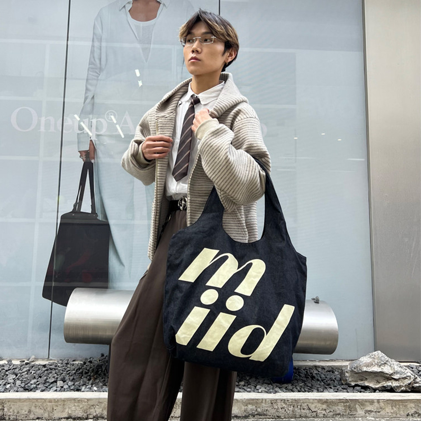 NIN原宿松弛感时髦腋下单肩牛仔帆布包男女中性港风原宿手提挎包