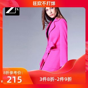 ZK女装秋冬装新款时尚玫红修身系带毛呢外套女中长款呢子外套C