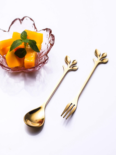 家用不锈钢水果叉创意高端金色小叉子304轻奢精致搅拌咖啡勺套装