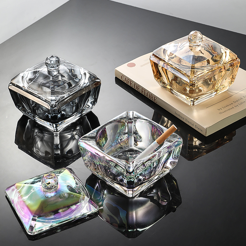 烟灰缸带盖子彩色加厚加重玻璃