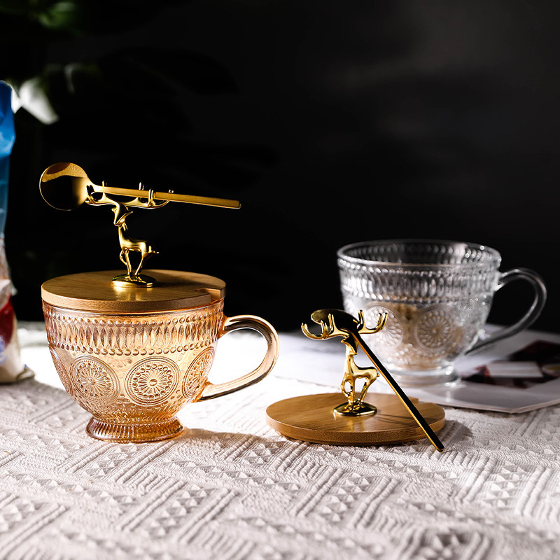 浮雕太阳花早餐杯带盖勺大容量酸牛奶燕麦片杯子玻璃杯北欧ins风,餐饮具,玻璃杯,淘宝优惠券,粉丝福利购,淘宝优惠卷