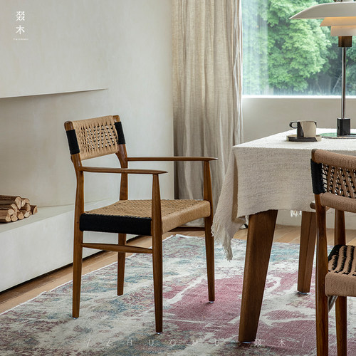叕木中古复古风绳编实木扶手餐椅