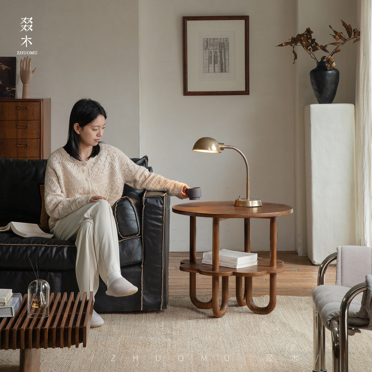 叕木|法式中古复古风柚木全实木设计师民宿卧室床头双层沙发边几