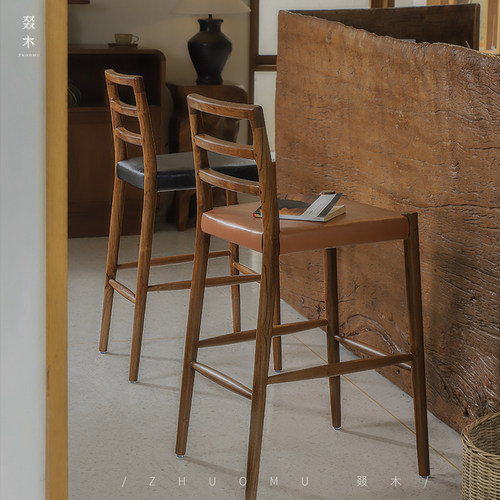 叕木中古风柚木真皮吧台椅