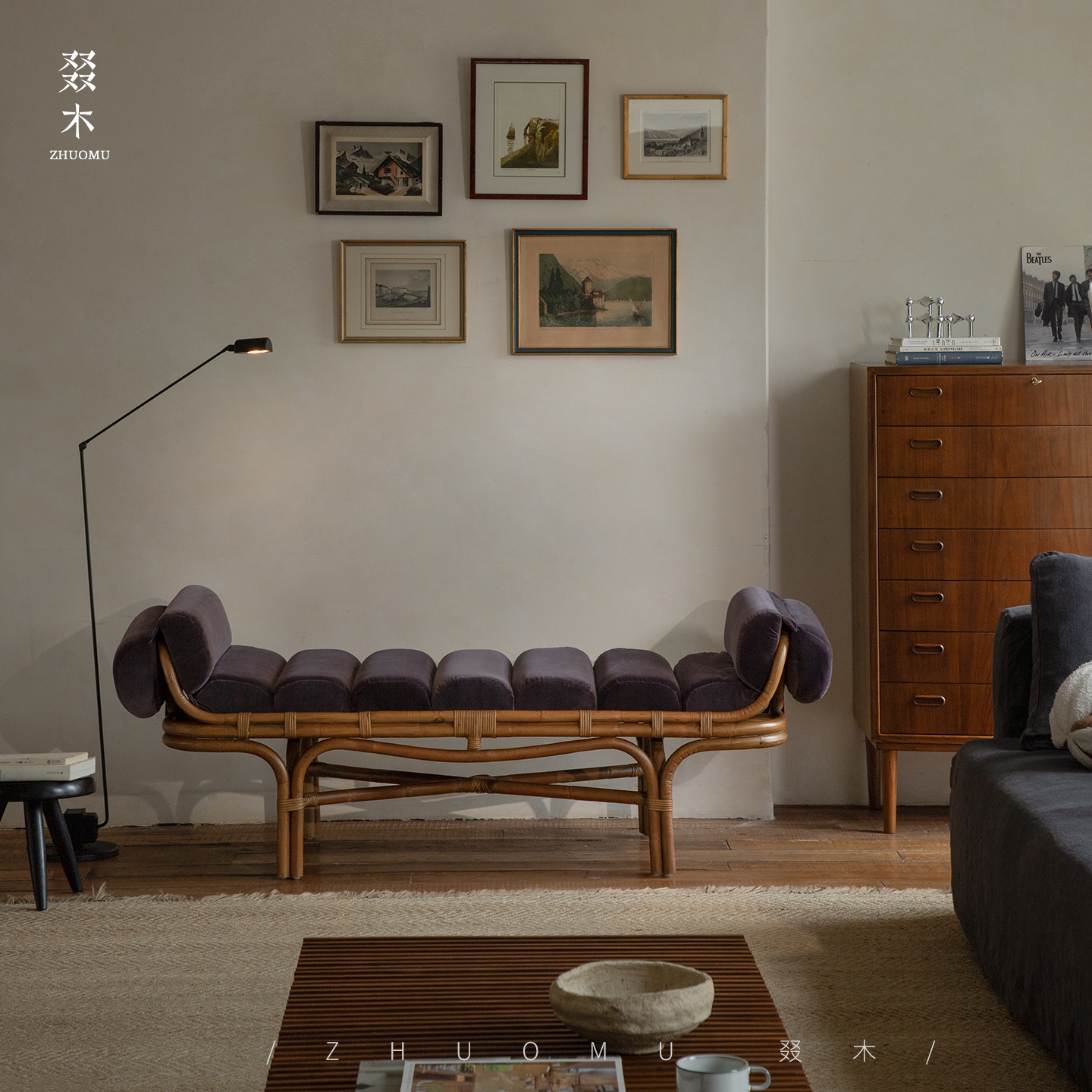 叕木天然植物真藤双人软包床尾凳