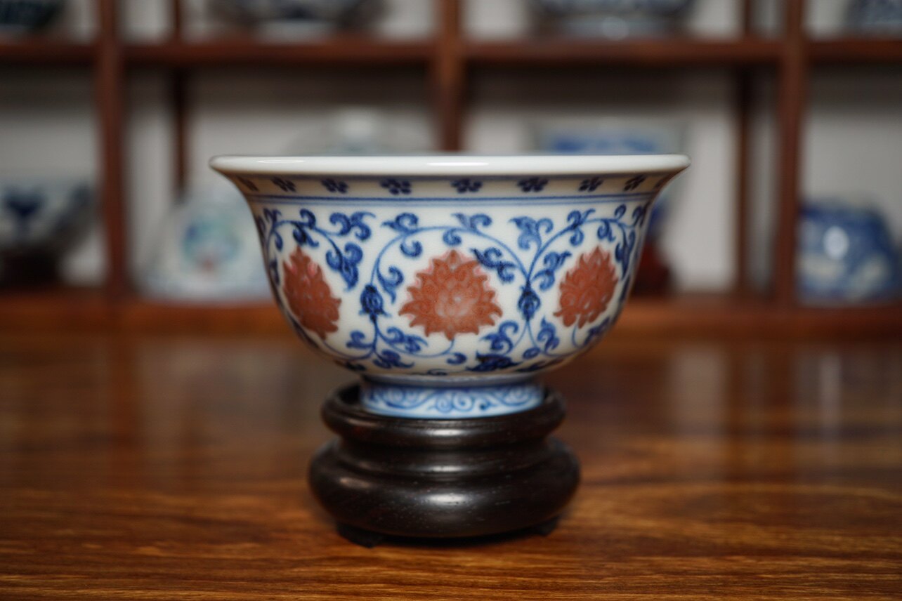 景德镇「厚森窑」 缠枝莲青花釉里红压手杯 手绘青花茶碗茶具