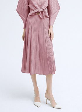 韩版女装休闲减龄纯色半身裙女2021春夏休闲中长款拼接百褶裙女