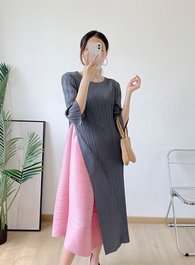 褶皱ys连衣裙夏季新款短袖拼色印花裙子显瘦洋气大码女装