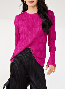 褶皱上衣春秋女韩系慵懒风圆领长袖宽松大码弹力时尚百搭T恤小衫