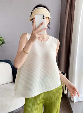 H风褶皱上衣女夏季薄款不规则无袖t恤显瘦百搭宽松外穿背心