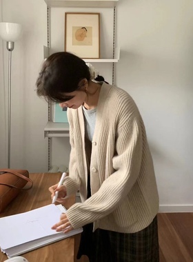 韩系宽松慵懒坑纹软糯羊毛开衫女2023秋冬款加厚口袋毛衣外套