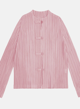 天新中式轻国风2024春季新款女圆领时尚纯色衬衫内搭长袖褶皱上衣