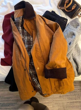 南瓜橘撞色翻领外套女2025复古韩版百搭感工装夹克外套上衣女