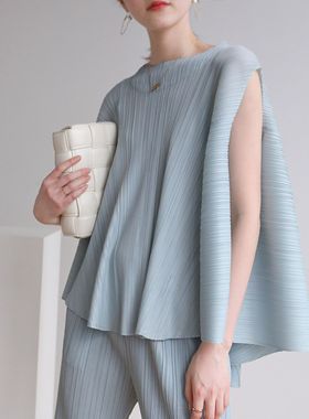 春之2022夏季褶皱胖mm宽松赫本风无袖个性时尚复古T恤pleats