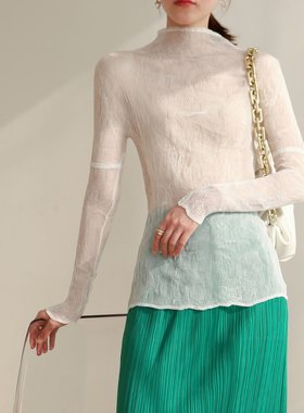 春之三宅风2022秋春新款褶皱透明打底衫超弹力修身减龄薄款t恤