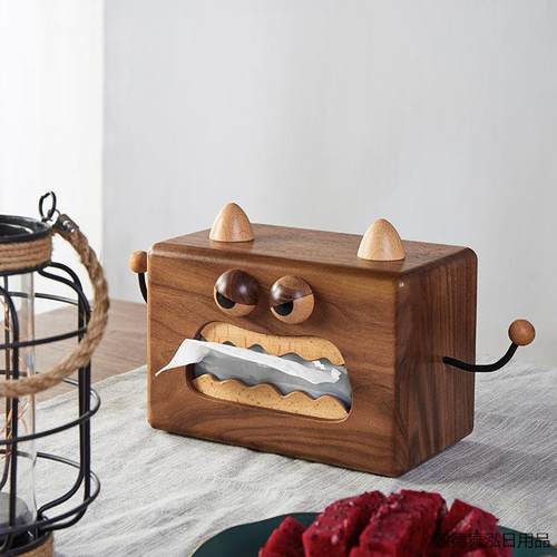 胡桃木纸巾盒小怪兽木制客厅餐桌纸巾盒收纳家用卡通侧抽抽纸盒舞