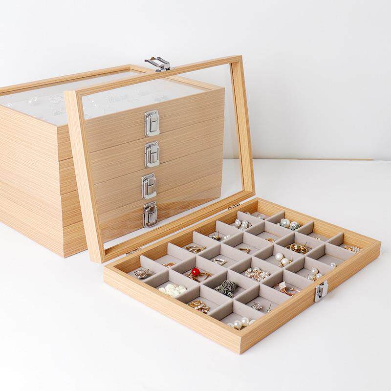 花梨木纹玻璃首饰盒珠宝盒收纳盒大容量戒指项链手镯盒子耳环耳钉