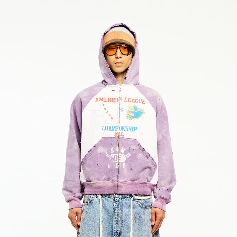 SDFIU卫衣外套复古做旧水洗连帽卫衣男标语印花拉链开衫外套街头