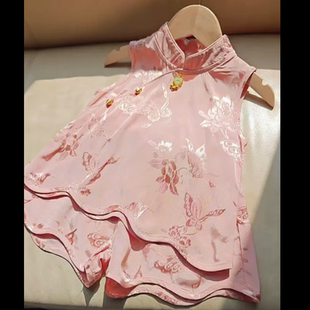 现货(温婉高档人丝)SC063新中式女童夏季2025无袖套装旗袍套装