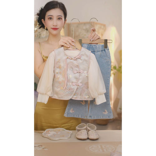 现货【若曦】SC570女童2025秋季新中式马甲牛仔裤打底衫三件套