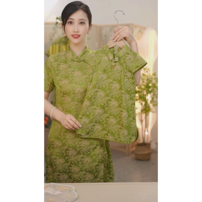 现货亲子 [青山翠】 2025缎面双面提花 AC853女童夏季国风旗袍裙