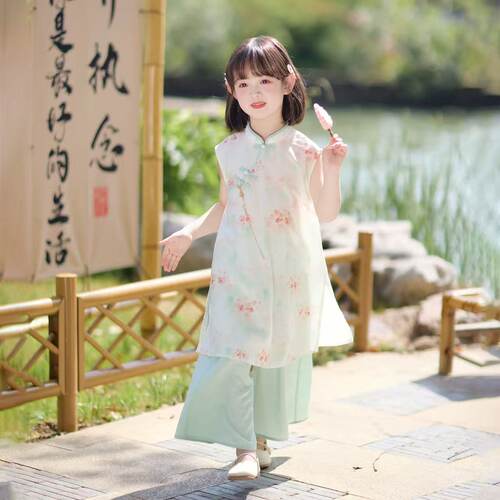 现货【绿荷】ZC004女童夏季新中式国风桃花透气清凉旗袍裙套装