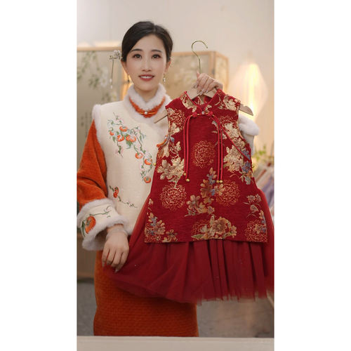 现货【奢香】SC842女童冬季国风加绒加厚新中式马甲旗袍裙拜年服