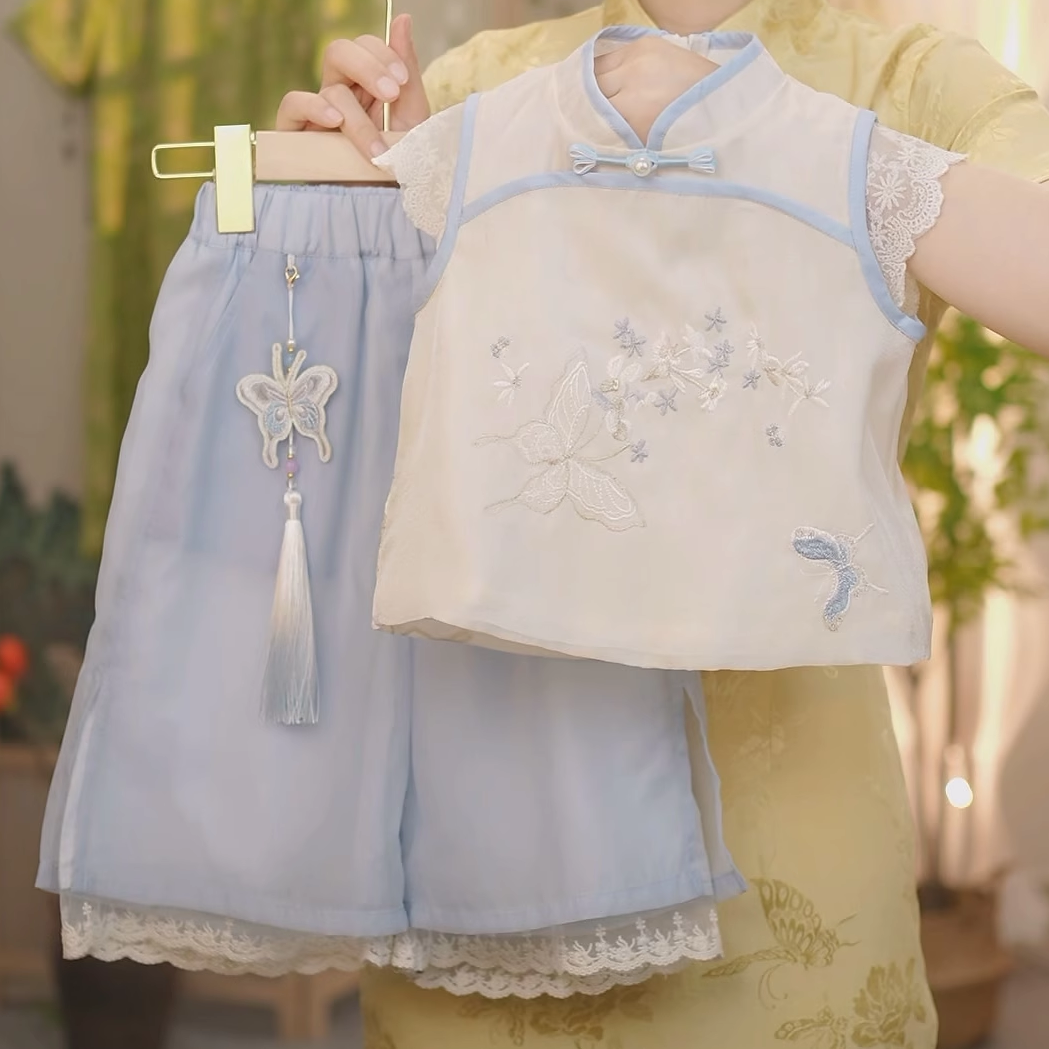 现货【蓝蝶】SC232女童夏季新中式花边刺绣无袖上衣裤子新款套装