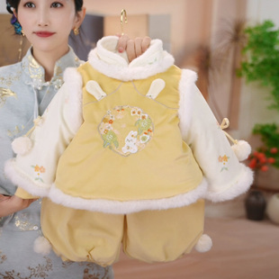 加绒外套加厚国风拜年服套装 现货 新中式 SC751女童冬季 泡芙