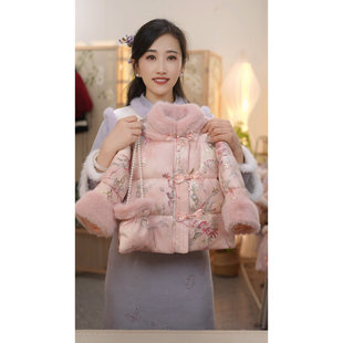 国风夹棉加厚新中式 带包包拉链SC871女童冬季 拜年服外套 粉竹