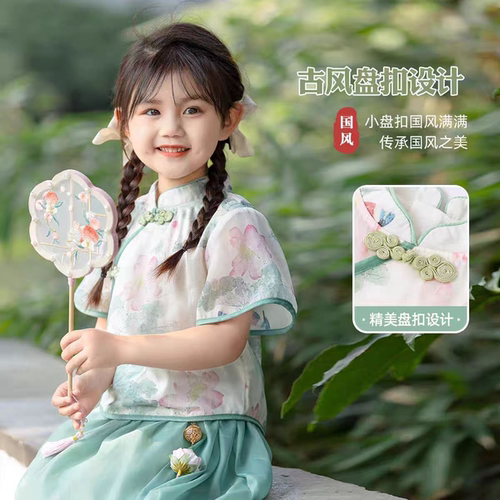 现货【云水荷】SC259女童夏季新中式短袖上衣裙子新款国风套装
