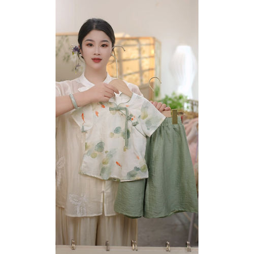 现货【碧荷】ZC003女童夏季新中式国风红鲤鱼短袖上衣清凉套装