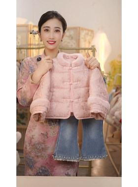 现货【樱落】SC697女童冬季新中式加厚棉衣外套加绒牛仔裤国风套