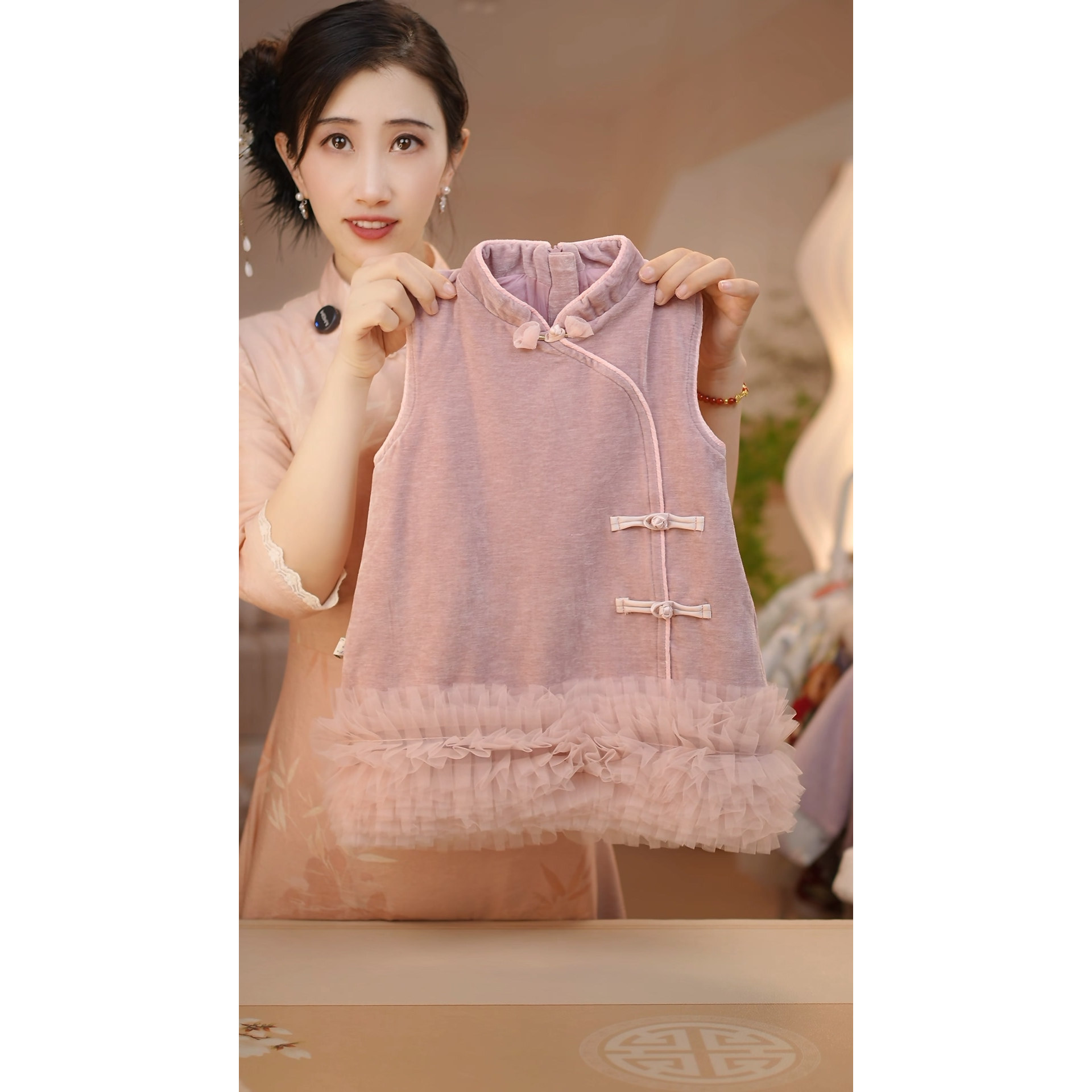 紫玫瑰 现货(不加绒不加棉)FF387女童冬季国风汉服马甲裙连衣裙