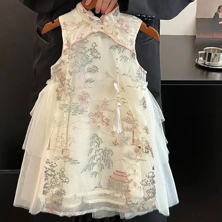 现货【忆江南】AC816女童夏季2025新款新中式旗袍裙刺绣纱裙
