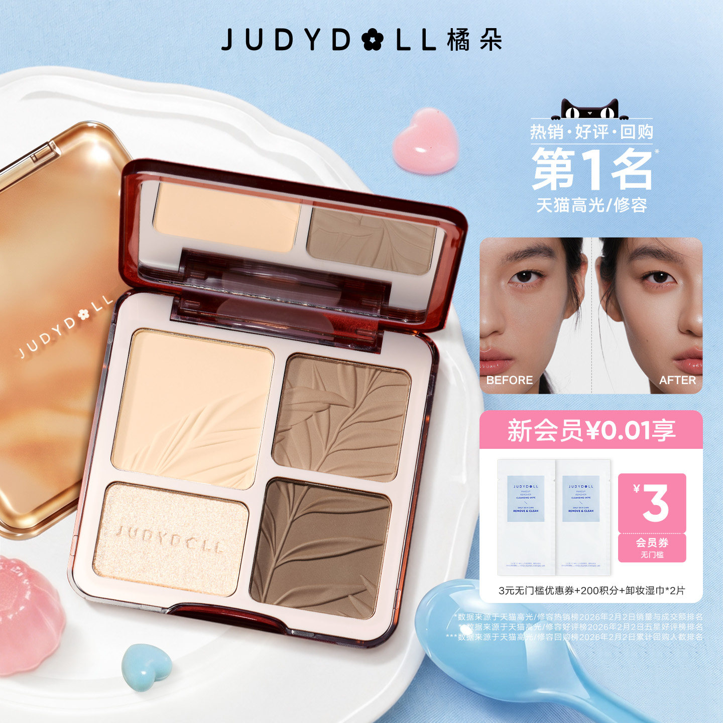 Judydoll橘朵高光修容盘阴影鼻影侧影哑光面部立体提亮一体盘新手