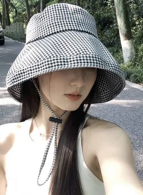 千鸟格子防晒渔夫帽女款夏季防紫外线大檐遮阳帽遮脸时尚太阳帽子