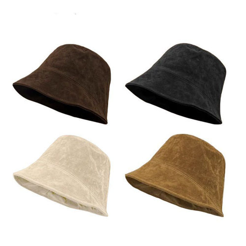 日系渔夫帽女韩版潮牌百搭秋冬麂皮绒素颜水桶帽子显脸小盆帽男潮