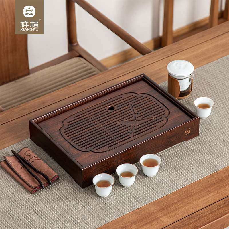 祥福茶具茶盘竹制功夫茶具小号蓄水茶台家用简约长方形竹茶盘大