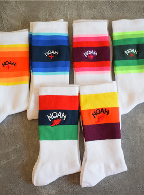 Noah彩虹袜子十字刺绣高帮欧美潮流潮牌男女运动渐变条纹中筒棉袜