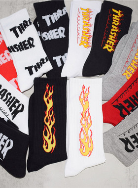 男潮火焰长袜字母百搭欧美潮牌女纯棉袜学生运动ins嘻哈情侣中筒