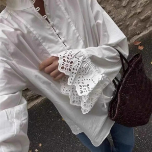 南法气质 法系小众seza白色镂空荷叶袖小立领长袖衬衫